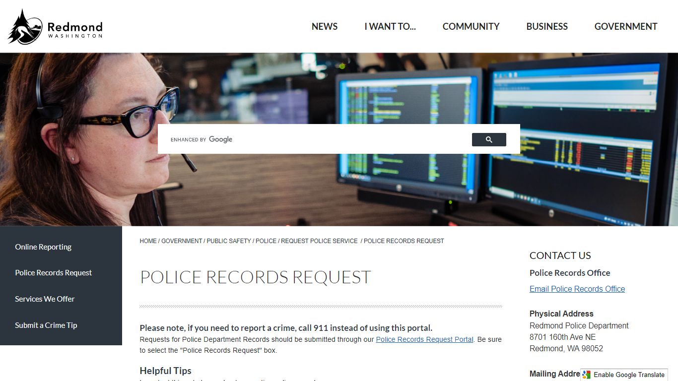 Police Records Request | Redmond, WA