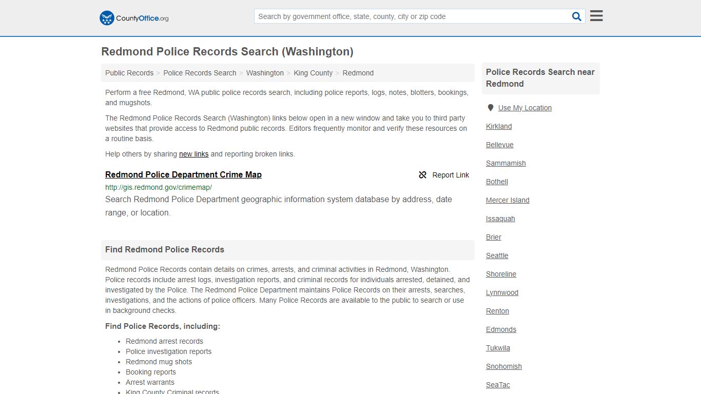Redmond Police Records Search (Washington) - County Office